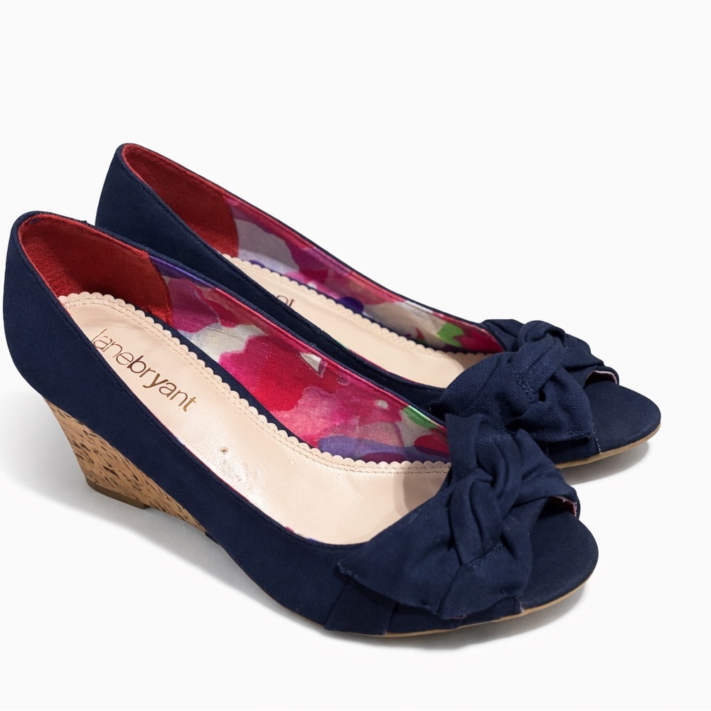 Lane Bryant Navy Peep-Toe Wedge Pumps with Cork Heel